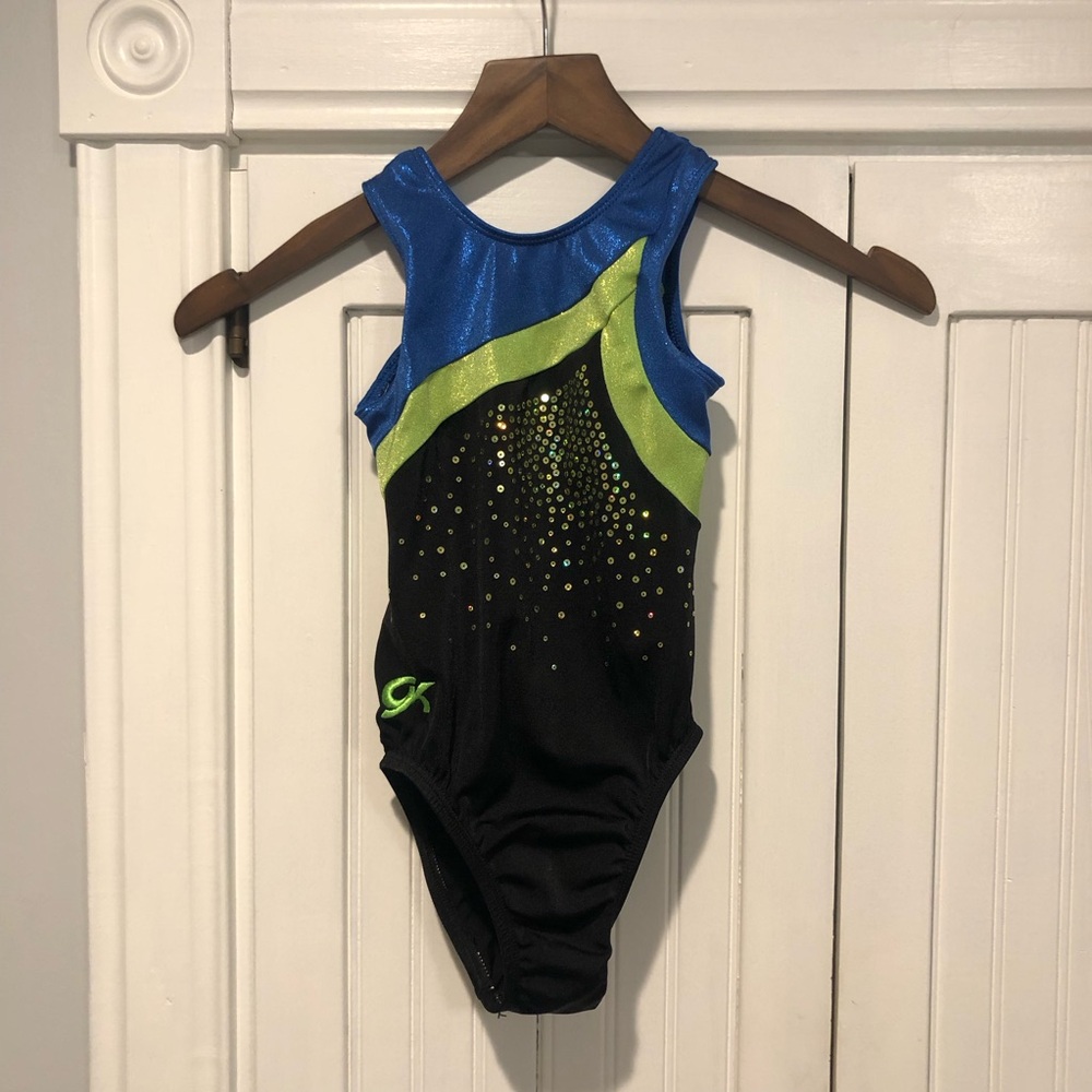 GK Elite Blue and Black Gymnastics Leotard